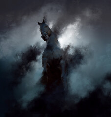 Fototapeta premium Dark epic scene where a powerful black stallion emerges from the clouds or mist.