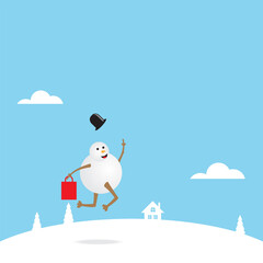 Happiness snowman with hat and scarf isolated on blue background for greeting card or any design. Vector illustration