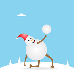 Happiness snowman with hat and scarf isolated on blue background for greeting card or any design. Vector illustration