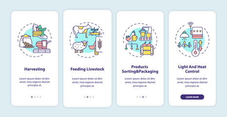 Agriculture machines types onboarding mobile app page screen with concepts. Feeding livestock walkthrough 4 steps graphic instructions. UI vector template with RGB color illustrations