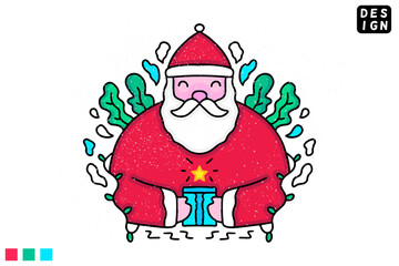 Cute Santa claus holding gift boxes. Hand drawn holiday illustration in cartoon, doodle style for New Year and Christmas