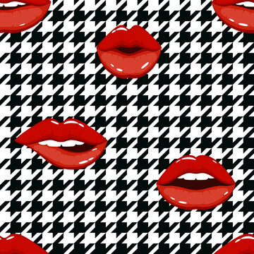 Red lips on Houndstooth pattern background. Fashion glamour print with geometric texture.