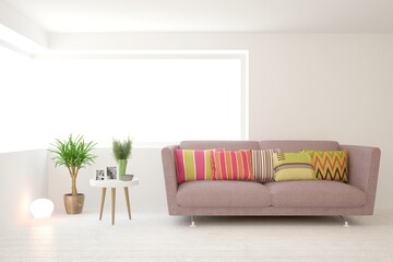 White living room with sofa. Scandinavian interior design. 3D illustration