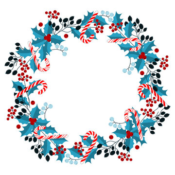 Christmas wreath, decorative Christmas elements, candies, Christmas holly, berries. Festive mood. Isolate on a white background. Vector image