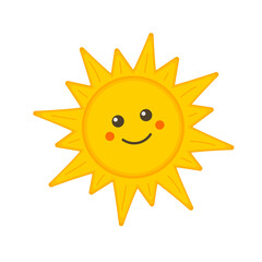 Cute smiling sun face icon isolated on white background. Funny sun character for kids. Vector illustration.