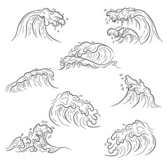 Japanese wave vector set and thai style.Outline wave  isolate on white background. Editable - Vector. - 392084414