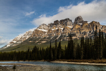 Castle Mountain and the Bow River in mid spring