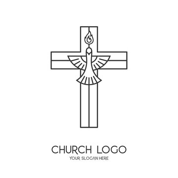 Church Logo. Christian Symbols. The Cross Of Jesus Christ And The Symbol Of The Holy Spirit Are A Dove And A Flame.