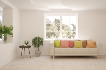White living room with sofa and summer landscape in window. Scandinavian interior design. 3D illustration