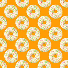 Pattern of donuts in colored glaze on a orange background