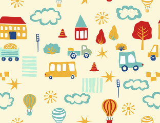 Tileable vector background for boys and children. Seamless pattern with cars, balloons and buildings. City illustration in cartoon style. Hand drawn pattern