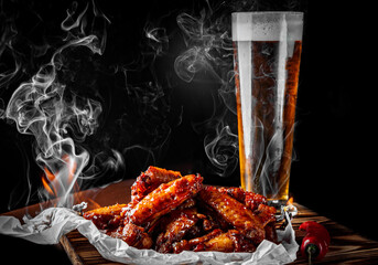 glass of fresh beer and fried chicken wings on wooden table on black background