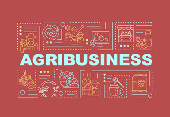 Obraz na płótnie Canvas Agriculture business word concepts banner. Commercial farming. Infographics with linear icons on red background. Isolated typography. Vector outline RGB color illustration