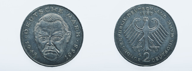 Coins of Germany. German politician Ludwig Erhard depicted in the German two Deutsche Mark coin (1988).
