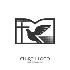 Church logo. Christian symbols. The cross of Jesus Christ, the Bible and the Symbol of the Holy Spirit - a dove.