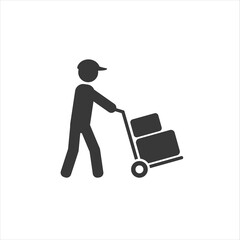 Mover pushing moving hand truck or dolly with boxes flat vector icon for apps 