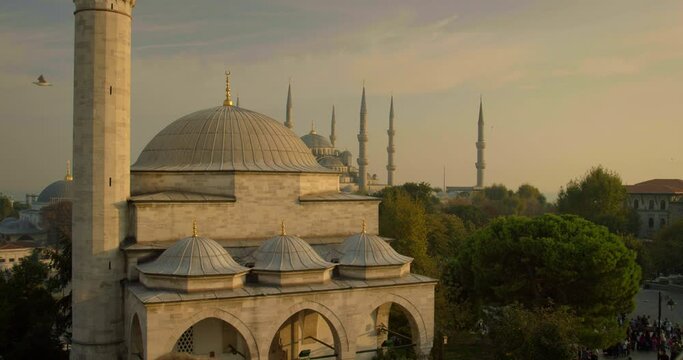 Tourists underneath Hagia Sophia in Istanbul, wide