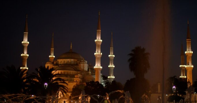 Hagia Sophia illuminated at night, wide