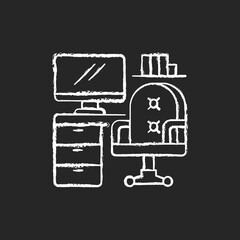 Office furniture chalk white icon on black background. Home workspace. Work-from-home tech. Desk and chair. Working remote. Book shelves and cupboards. Isolated vector chalkboard illustration