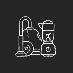 House appliances chalk white icon on black background. Household functions. Hand blender. Vacuum cleaner. Cooking and cleaning. Home cook. Machinery. Isolated vector chalkboard illustration