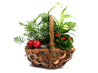 Fototapeta na wymiar Autumn floristic composition with flowers, fruit and pine cones. Plants and decorations in a wicker rustic basket.