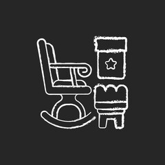 Rocking chairs and ottomans chalk white icon on black background. Decorating living space. Nursery. Living room. Modern home decor and interior design. Isolated vector chalkboard illustration