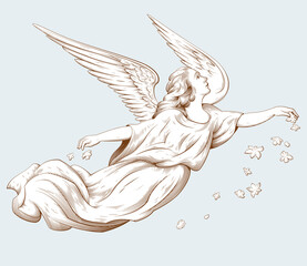 Flying angel with flowers. Biblical illustrations in old engraving style. Decor for religious holidays. Hand drawn vector illustration
