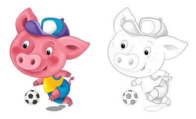 cartoon happy scene with sketch with pig having fun - illustration