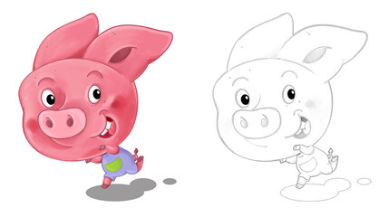 cartoon happy scene with sketch with pig having fun - illustration