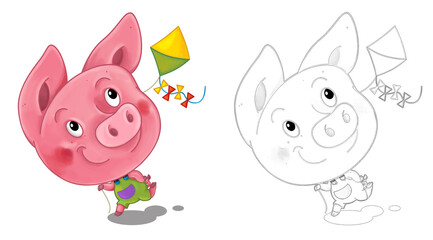 cartoon happy scene with sketch with pig having fun - illustration