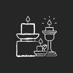 Candles and candle holders chalk white icon on black background. Soft and cozy style. Lanterns, sconces, candlesticks. House decor and interior design. Isolated vector chalkboard illustration