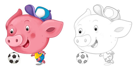 cartoon happy scene with sketch with pig having fun - illustration
