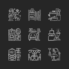 Interior decoration chalk white icons set on black background. Christmas decor. Child room. Kitchen tools. Photo frames. Living room furniture. Isolated vector chalkboard illustrations
