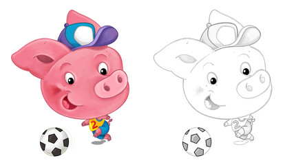 cartoon happy scene with sketch with pig having fun - illustration