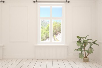 White empty room with summer landscape in window. Scandinavian interior design. 3D illustration