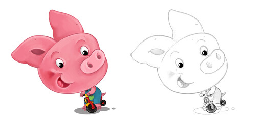 cartoon happy scene with sketch with pig having fun - illustration