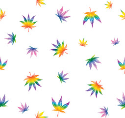 Fototapeta na wymiar Watercolor illustration. Cannabis leaves the colors of the rainbow. Seamless pattern on a white background.
