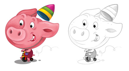cartoon happy scene with sketch with pig having fun - illustration