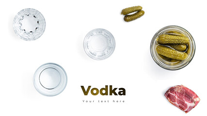 Vodka, glasses and pickles on a white background. Long header banner format. Panorama website header banner. High quality photo