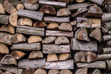 Background of splitted, dried and stacked firewood.