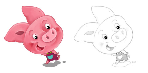cartoon happy scene with sketch with pig having fun - illustration