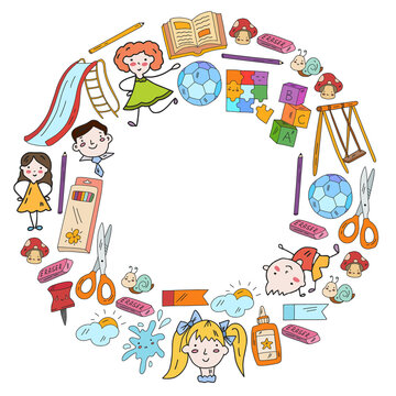 Kindergarten. Vector frame and pattern with toys and small children. Preschool education.