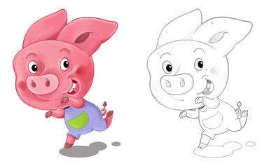 Plakat cartoon happy scene with sketch with pig having fun - illustration