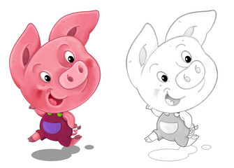 cartoon happy scene with sketch with pig having fun - illustration