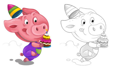 cartoon happy scene with sketch with pig having fun - illustration