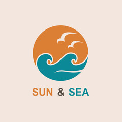 abstract icon of sun and sea with seagulls isolated