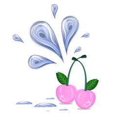 Juicy pink cherry with water splashes and drops. Fresh non-standard fruit. Cartoon stylized food. Vector illustration..