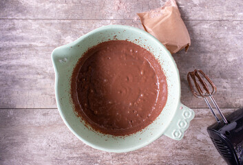 instant chocolate pudding whipped in a bowl flat lay