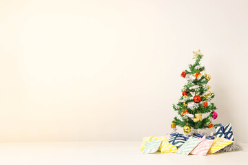 Christmas composition with decorations and gift box with bows on white background. winter, new year concept. Flat lay, top view, copy space.