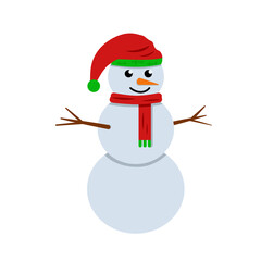 Funny winter cartoon character. White snowman in a red hat and scarf. Snowman isolated on a white background. Stock vector illustration.